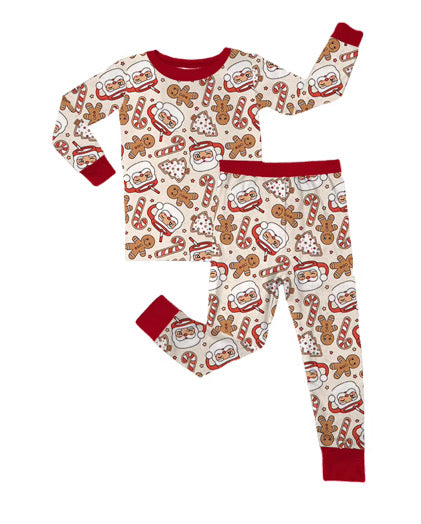 Children's pajama set with Christmas-themed pattern on a white background