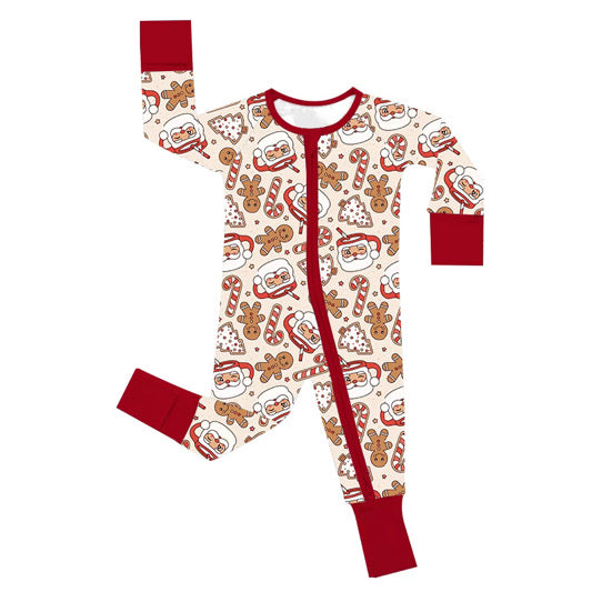 Gingerbread Santa bamboo zippy pajama set flat lay — holiday infant sleepwear in newborn through 12-18 months | AddieGrey & Co