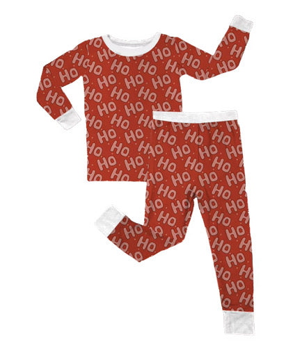 Ho Ho Ho bamboo toddler two-piece pajama set on white — red Christmas sleepwear in 2T through 9T/10T | AddieGrey & Co