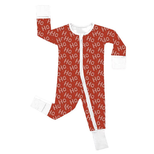 Ho Ho Ho bamboo baby zippy pajama set on white — red Christmas infant sleepwear with 2-way zipper and fold-over cuffs | AddieGrey & Co