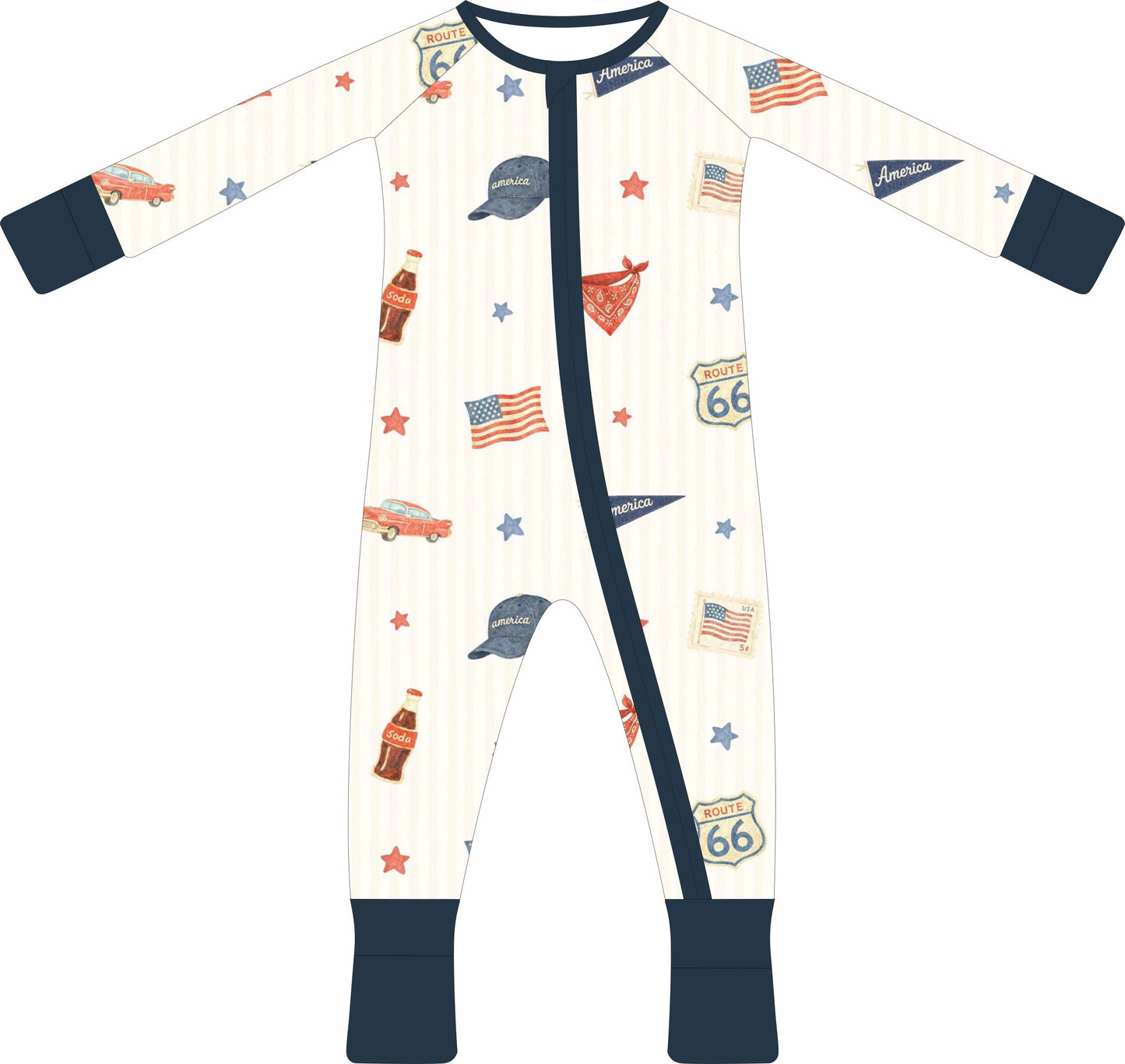 Red White & Snooze bamboo zippy pajama set flat lay — patriotic infant sleepwear in newborn through 9-12 months | AddieGrey & Co