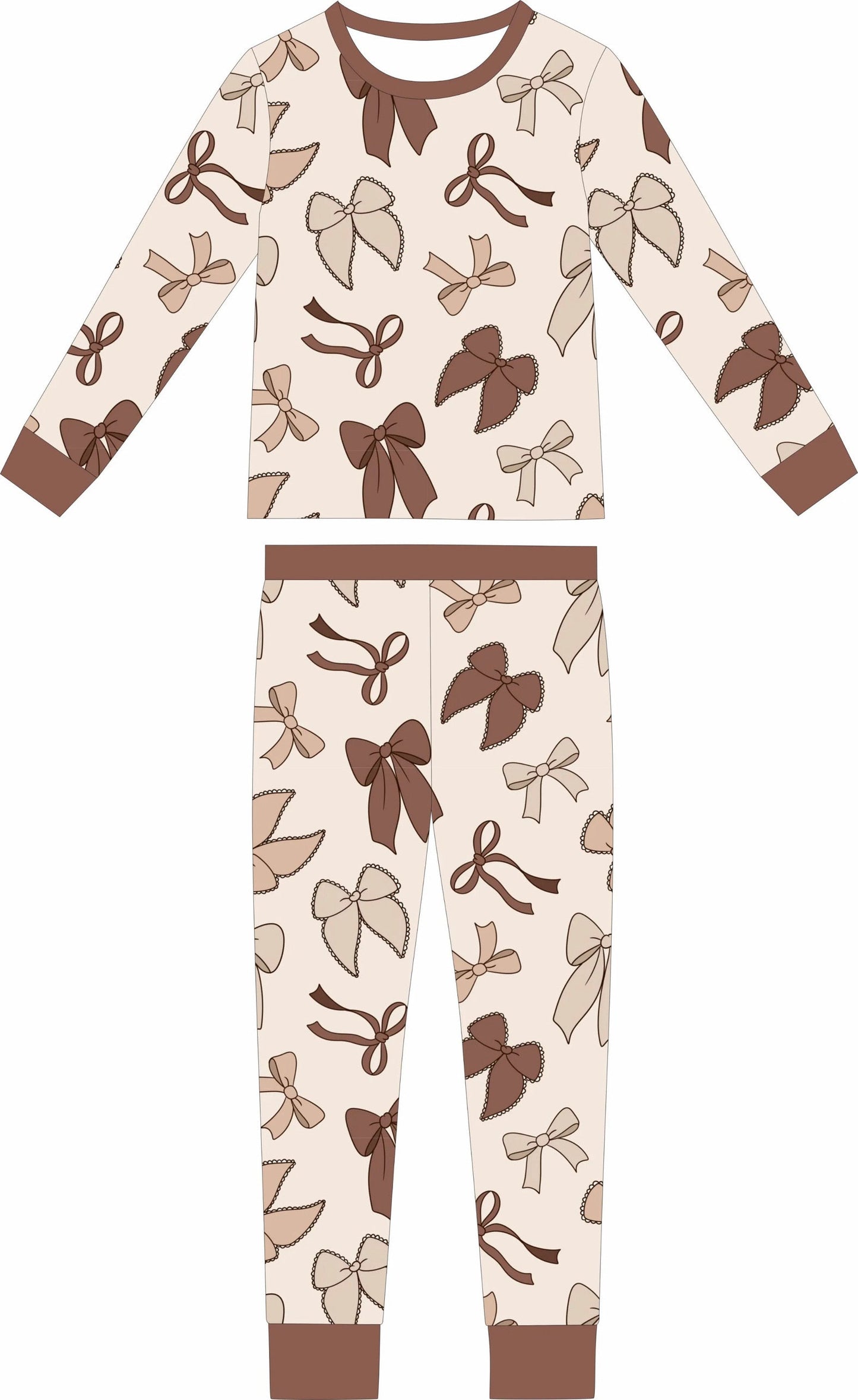 Baby wearing Timeless Bows bamboo long-sleeve two-piece pajamas — neutral bow print sleepwear for toddlers | AddieGrey & Co