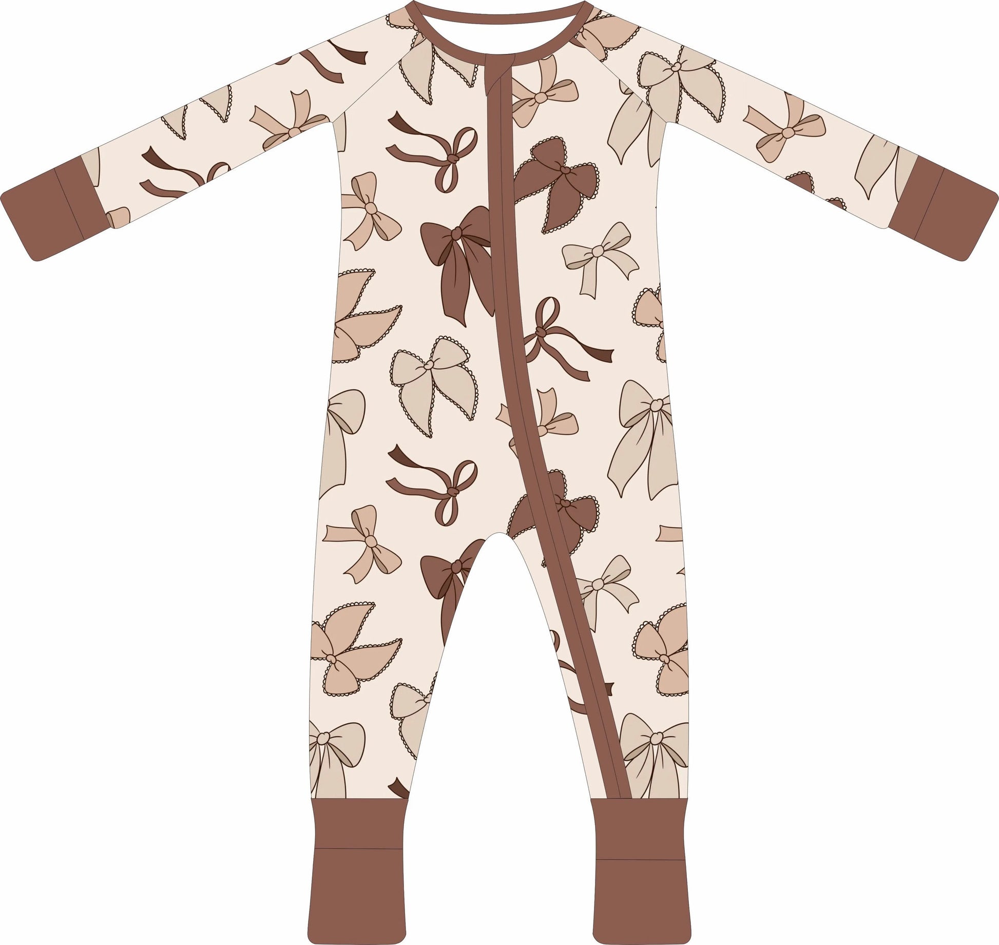 Timeless Bows bamboo zippy pajama set flat lay — neutral bow print infant sleepwear in newborn through 9-12 months | AddieGrey & Co