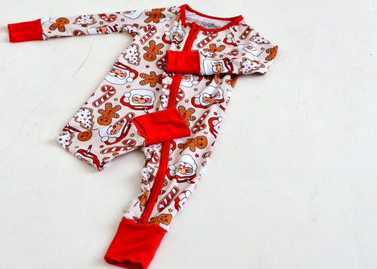 Baby in Gingerbread Santa bamboo zippy pajamas — soft 95% bamboo Christmas sleepwear for infants | AddieGrey & Co